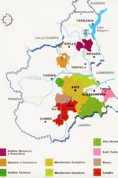 Cartina del Piemonte con le Langhe, Roero e Monferrato in evidenza