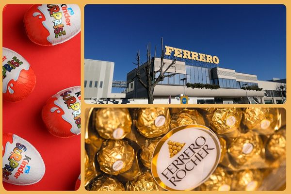 Collage di prodotti e foto della sede della Ferrero ad Alba