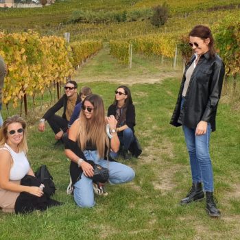ragazzi e ragazze in mezzo ad una vigna nelle Langhe